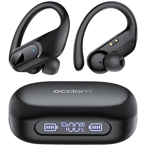 occiam Active Noise Cancelling Ear Buds Wireless Earbuds Bluetooth Headphones 96Hrs Playback LED Display Over-Ear Waterproof Earphones with Earhooks Mics Clear Call for Sport/Running/Workout Black