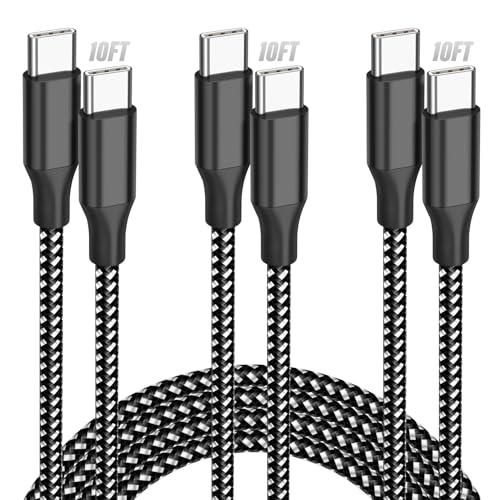 USB C Cable Fast Charging, 3 Pack 10FT USB C to USB C Cable, 60W Type C Nylon Braided Charger Cable for iPhone 16/15/iPad MacBook CarPlay and More-(Black White)