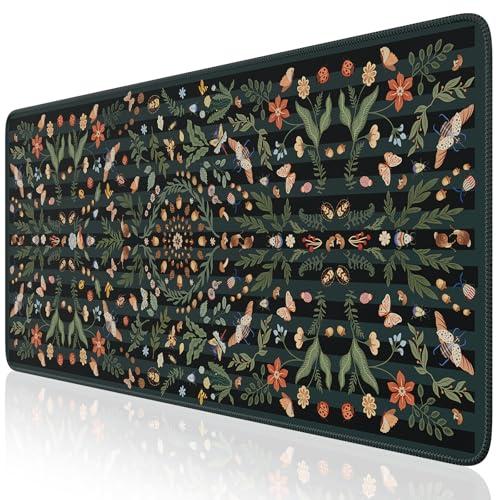 iCasso Floral Desk Matt for Desktop,Cute Desk Pad for Keyboard and Mouse with Stitched Edges,XXL Extended Large Computer Mat 35.4 x 15.7 inch,Non-Slip Gaming Mousepad for Women,Office,Home(Black)